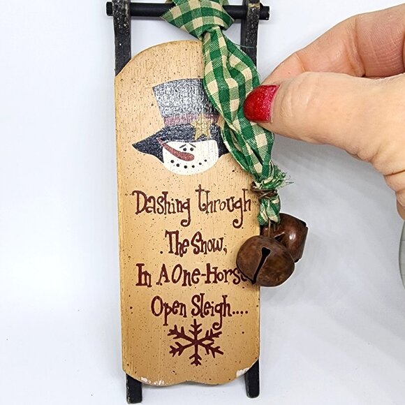 Snowman Wood Sled w Bells Country Cottage Farmhouse Christmas Holiday Ornament - Picture 3 of 8